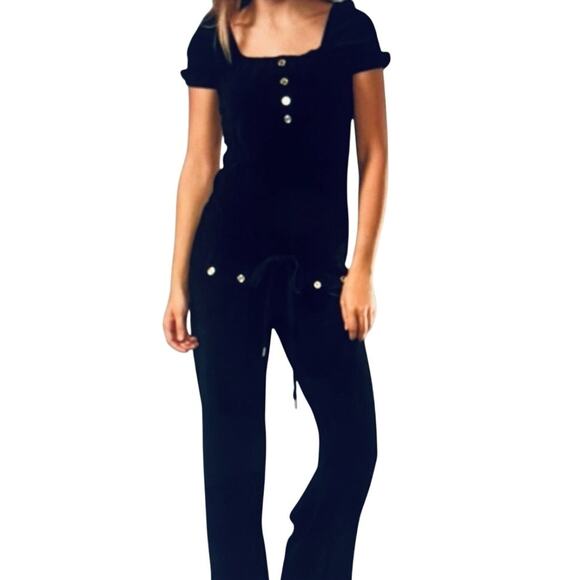 Juicy Couture Regal Blouse Romper Black Velour Jumpsuit Puff Sleeve XL Retro Y2K - Picture 1 of 14